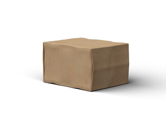 Rendered image of a small rectangular cardboard box with dents on a light background