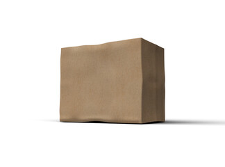 Rendered image of a small rectangular cardboard box with dents on a light background