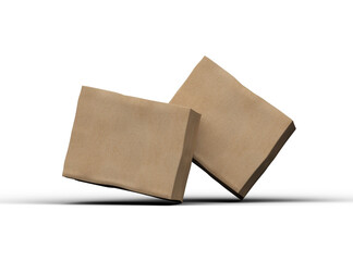 Rendered image of a small rectangular cardboard box with dents on a light background