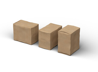 Rendered image of a small rectangular cardboard box with dents on a light background