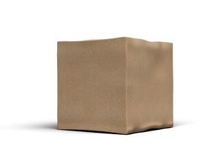 Rendered image of a small cubic cardboard box with dents on a light background