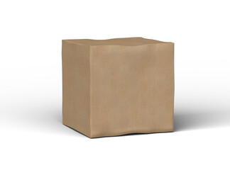 Rendered image of a small cubic cardboard box with dents on a light background