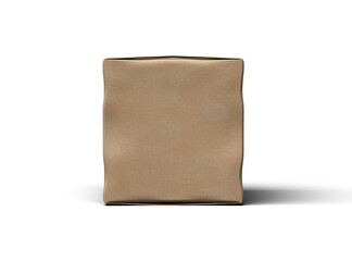 Rendered image of a small cubic cardboard box with dents on a light background
