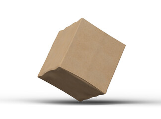 Rendered image of a small cubic cardboard box with dents on a light background