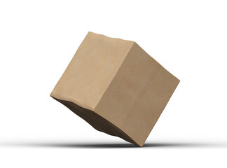 Rendered image of a small cubic cardboard box with dents on a light background