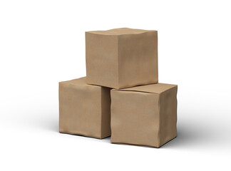 Rendered image of a small cubic cardboard box with dents on a light background