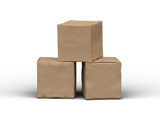 Rendered image of a small cubic cardboard box with dents on a light background
