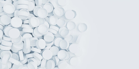 Top view on a pile of white plastic bottle caps on white background. Plastic industry product. Garbage reuse. 3d render illustration