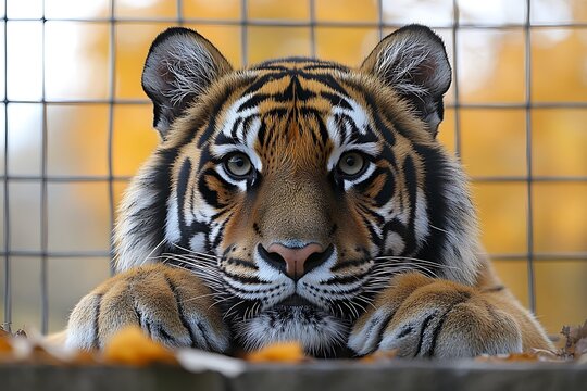 Young Sumatran Tiger Resting Behind Bars