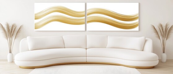 Elegant Modern Living Room with Abstract Gold Wave Art