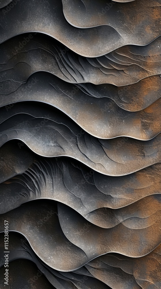 Poster 3d-generated abstract artwork featuring layered metallic wave patterns with dark and earthy tones, c
