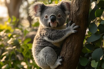 Naklejka premium Adorable Koala Bear Clinging To A Tree Trunk