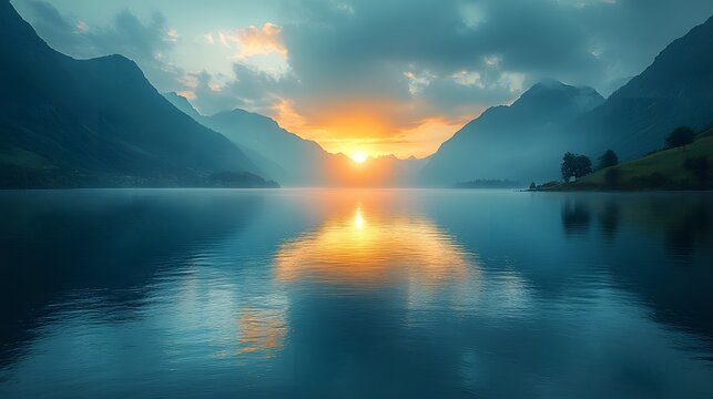 Reflective Lake at Dawn with Mountains and Misty Landscape
