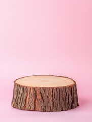 Rustic Wooden Log Slice on Soft Pink Background for Stylish Decor