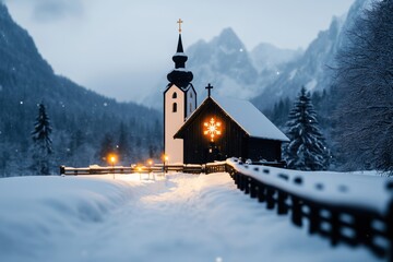 winter church scene, winter serenity is enhanced by christmas lights, illuminating the rustic charm of a wooden church
