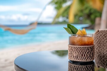 beach hut vibes, tropical cocktails rest on the glass table in a bohemian beach hut with hammocks and macrame accents, facing the turquoise sea