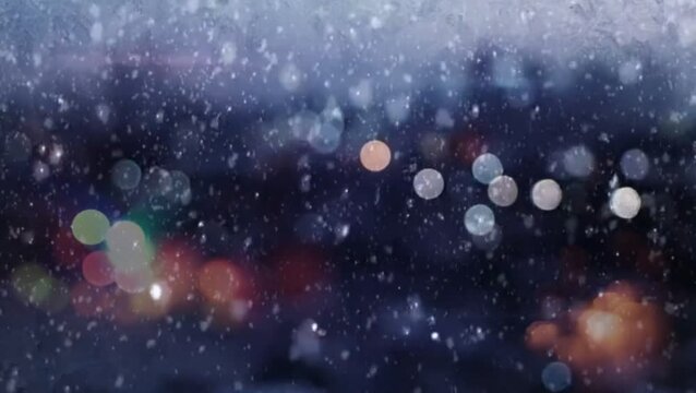 Schneefall. Nachtstadt, fallender Schnee, Bokeh 16х9.