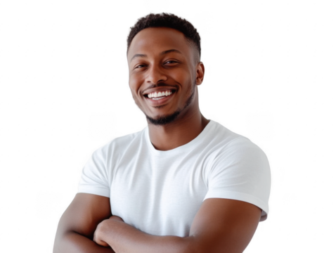 Pose confiante de um homem negro com os braços cruzados, em fundo transparente. Perfeito para projetos que buscam diversidade, empoderamento e profissionalismo