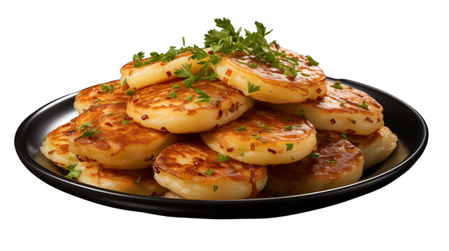 Crispy aloo tikki served on a clean plate, a popular North Indian street food snack with flavorful spices, studio view, isolated on transparent background.