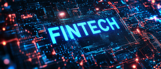 A futuristic digital background with the word "FINTECH" in glowing blue text