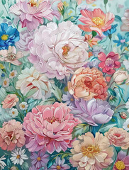 A beautiful floral garden painting with various flowers in pastel colors, including pink and white,