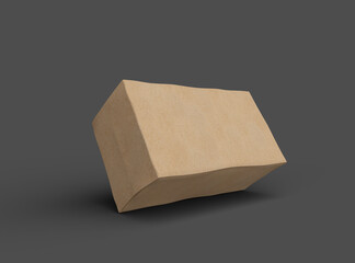 Rendered image of a rectangular cardboard box with dents on a dark background