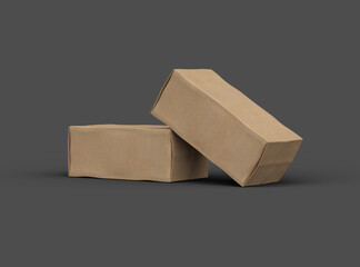 Rendered image of a rectangular cardboard box with dents on a dark background