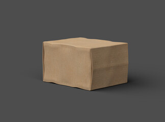 Rendered image of a small rectangular cardboard box with dents on a dark background