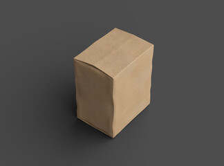 Rendered image of a small rectangular cardboard box with dents on a dark background
