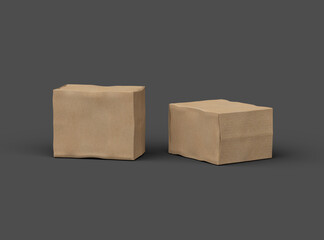 Rendered image of a small rectangular cardboard box with dents on a dark background