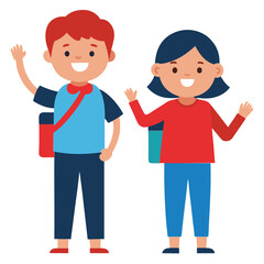 Boy and girl with man and woman standing together as a family with love and fun in a cartoon illustration of children and parents at school