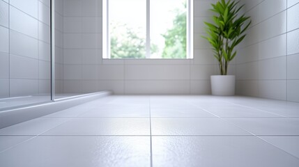 Fototapeta premium Modern Bathroom Design: A Clean and Minimalist Space with White Tiles and a Glass Shower Enclosure.