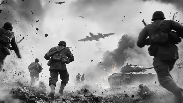 Black and white, World War II soldiers charging towards the camera in the middle of a war scene 