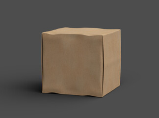 Rendered image of a small cubic cardboard box with dents on a dark background