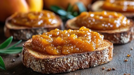 Delicious homemade jam spread on toasted bread with fresh fruit in the background