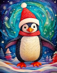 A Bubbly penguin with a Christmas hat on dancing in the snow