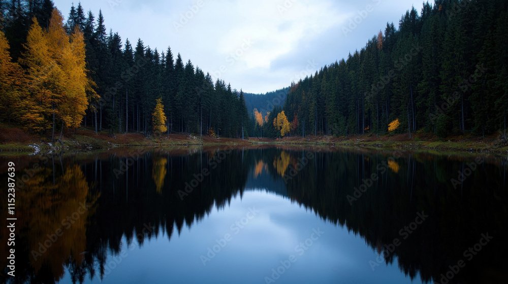 Poster a serene lake surrounded by trees with a cloudy sky in the background