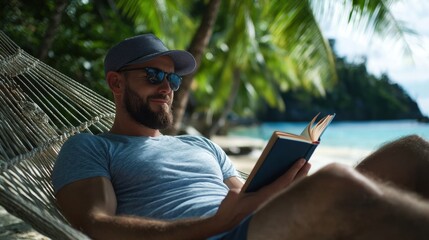 Obraz premium A man is reading a book on a beach