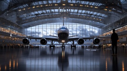 Obraz premium A large airplane is parked in a large hangar with a man standing in front of it