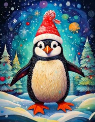 A Bubbly penguin with a Christmas hat on dancing in the snow