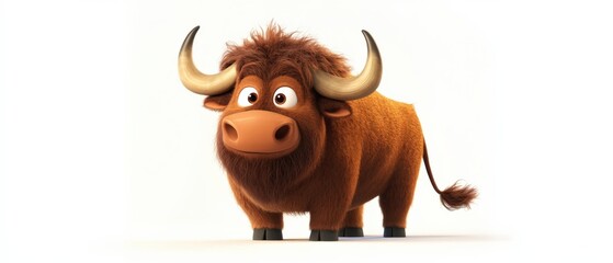Cartoon brown bull with large horns isolated on white background