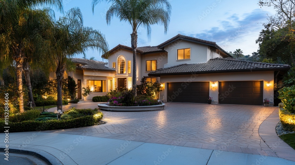 Poster a large house with a driveway and a palm tree in front of it