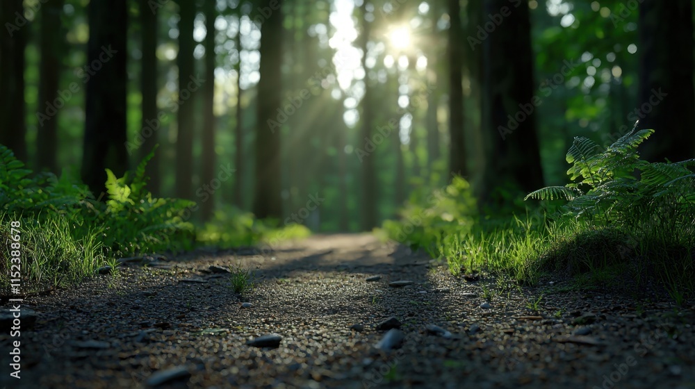 Poster a path through a forest with sunlight shining through the trees