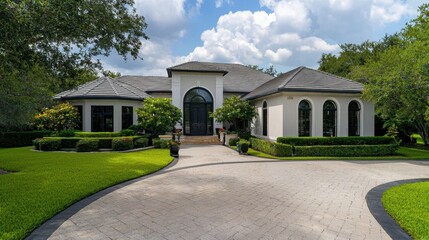 A large house with a white roof and a black front door