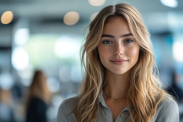 Obraz premium Smiling young woman with long hair, bright eyes, and soft lighti