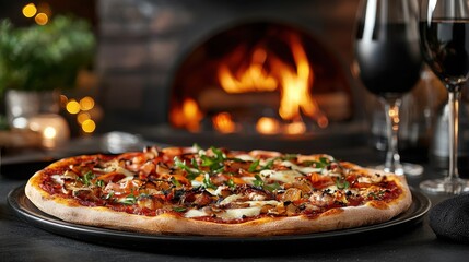 A pizza with lots of toppings sits on a black tray in front of a fireplace