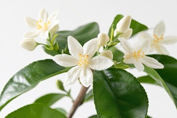 Close up of white citrus blossoms on a branch