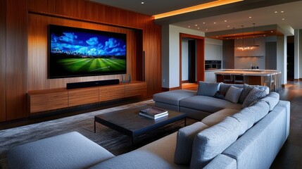 A large flat screen television is on a wall in a living room