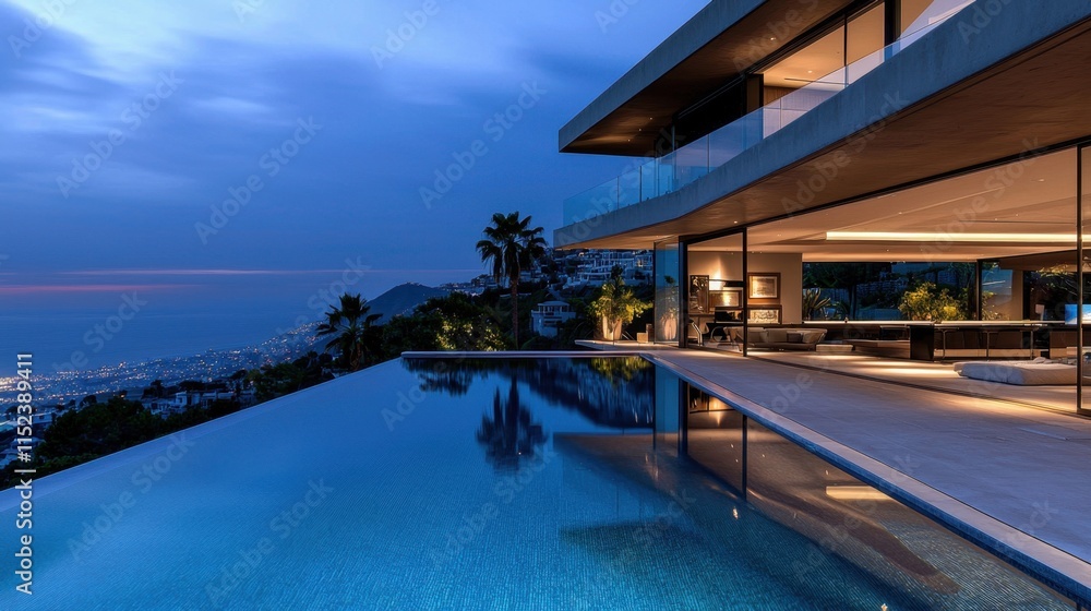 Poster a large pool with a beautiful view of the ocean