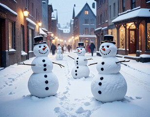 Obraz premium Funny pretty snowmen on a snowy street.